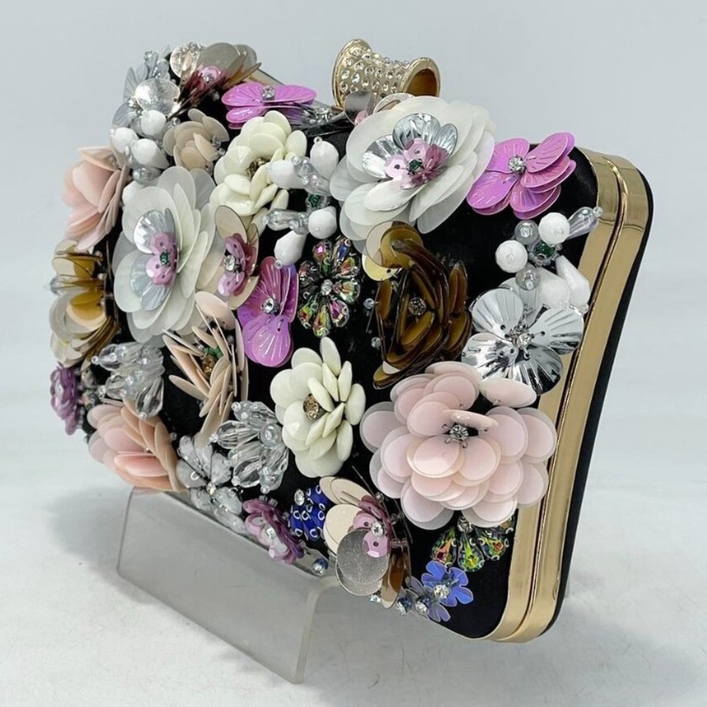 Gorgeous 3D floral hand stitched beads into black clutch